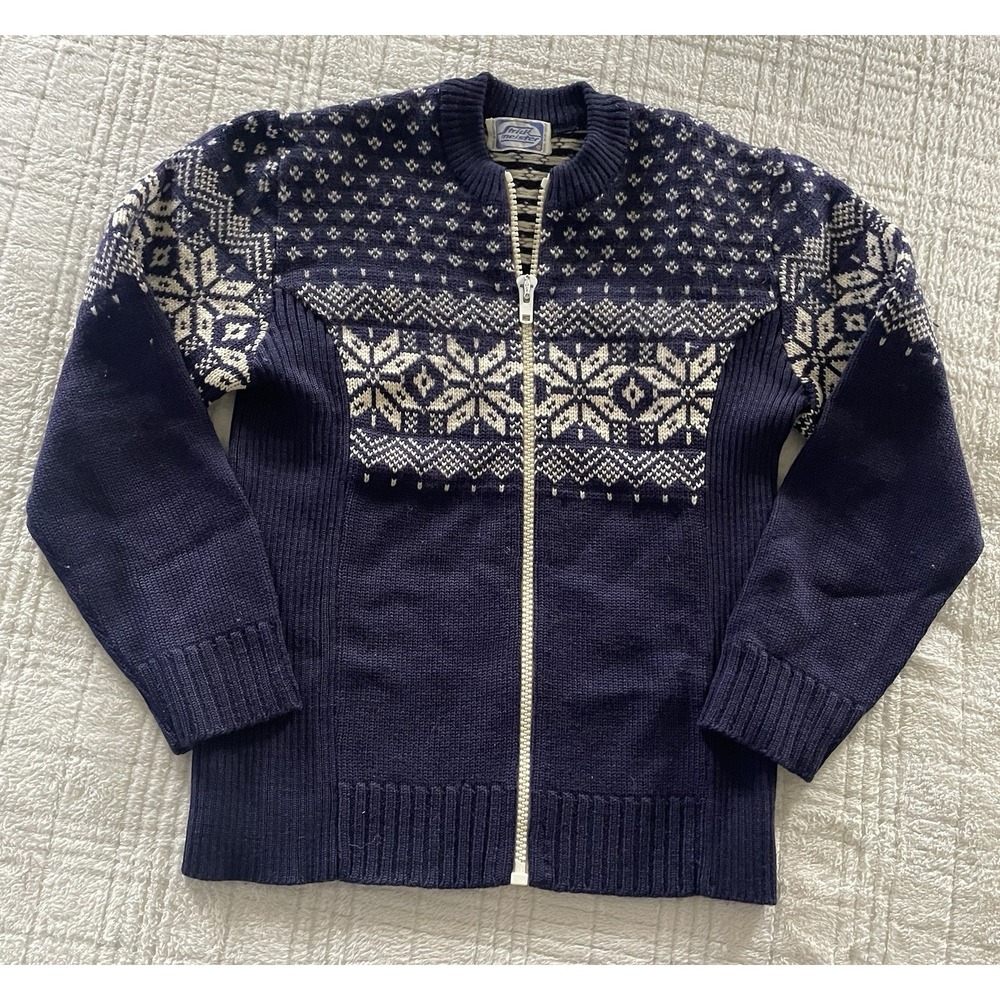 Strick Meister Navy Blue Snowflake Wool Full Zip Sweater‎ Size 44 / L